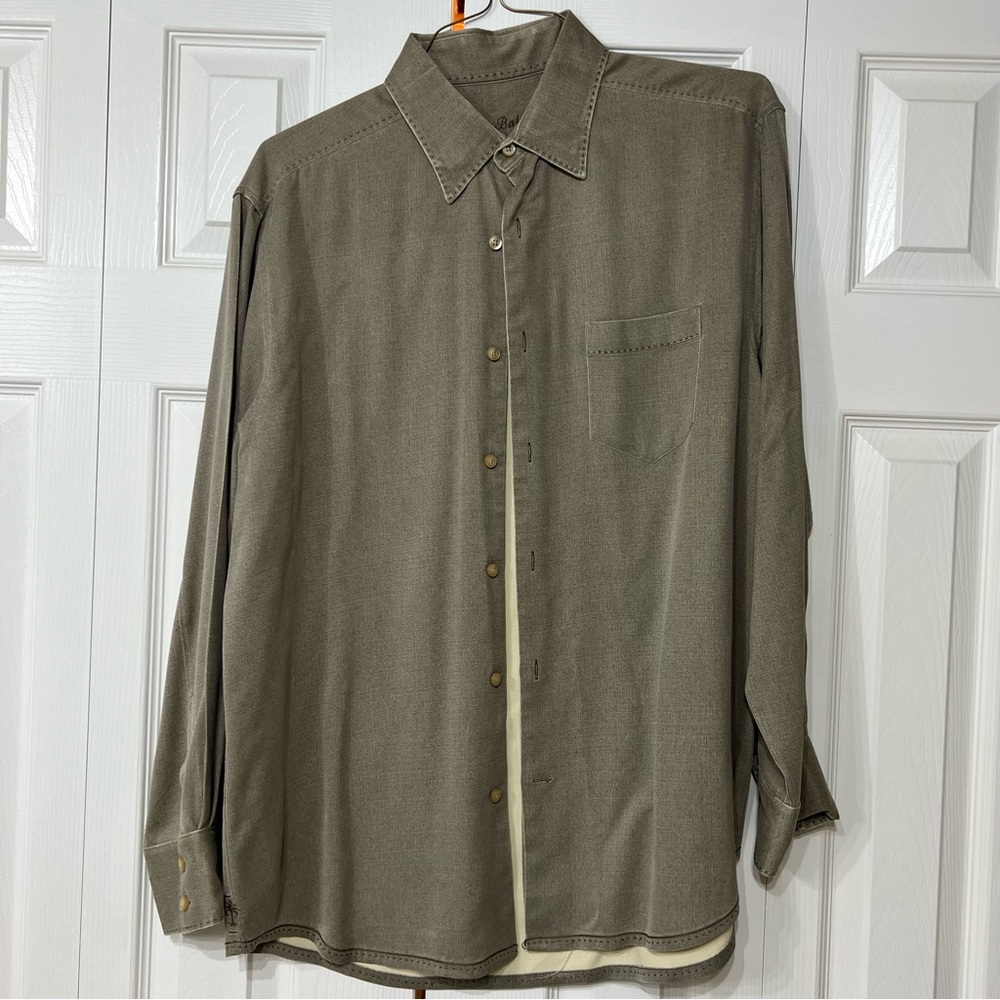 Tommy Bahama Olive Men M Silk Wool long sleeve button Dress Shirt Classic Preppy